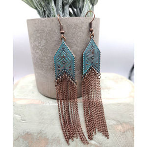 Retro Bronze and Blue Geometric Tassel Boho Dangly Earrings